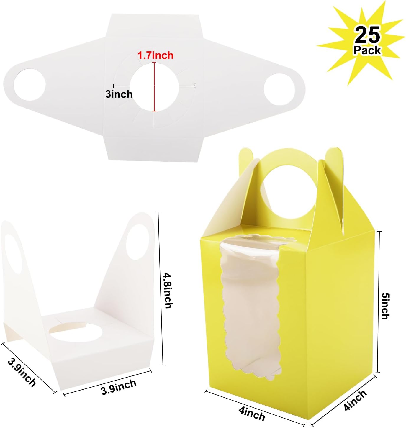 Individual Cupcake Boxes 4x4x5 Inches Disposable Pastry Tray Boxes, With Window Insert and Handle, Perfect for Parties, Birthdays, Bakery Wrapping and Events Containers (Yellow-25Pack)