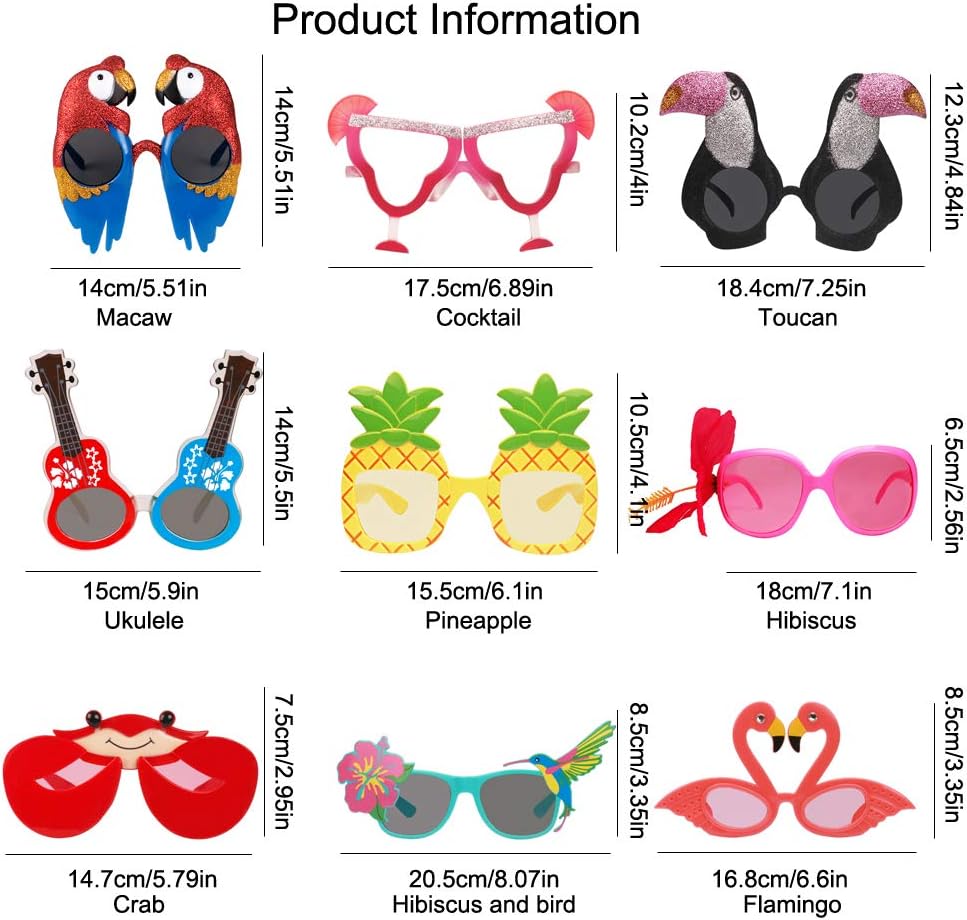 Ocean Line Luau Party Sunglasses - 9 Pairs Funny Hawaiian Glasses, Tropical Fancy Dress Props, Fun Summer Kids Party Favors, Beach Themed Party Supplies Decoration
