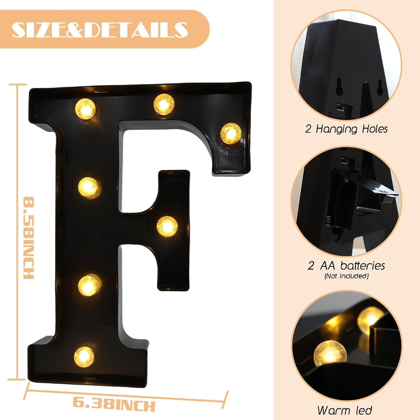 Led Marquee Letters, 8.58 Inch Black Light Up Letters, Small Led Letter Lights, Battery Powered Lighted Letterfor Table, Party, Birthday, Christmas Decor (Black, Letter F)