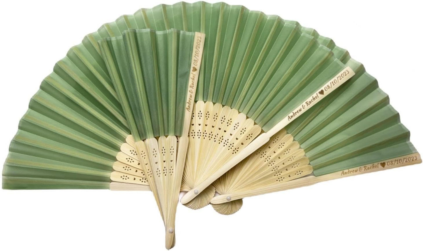 Personalized Wedding Fans Handheld Folding Fans(50Pcs) - Custom Engraved Green Silk Fans for Bridal Shower Favor/Baby Shower Favor, Birthdays Party Gifts/Gifts for Party Guests