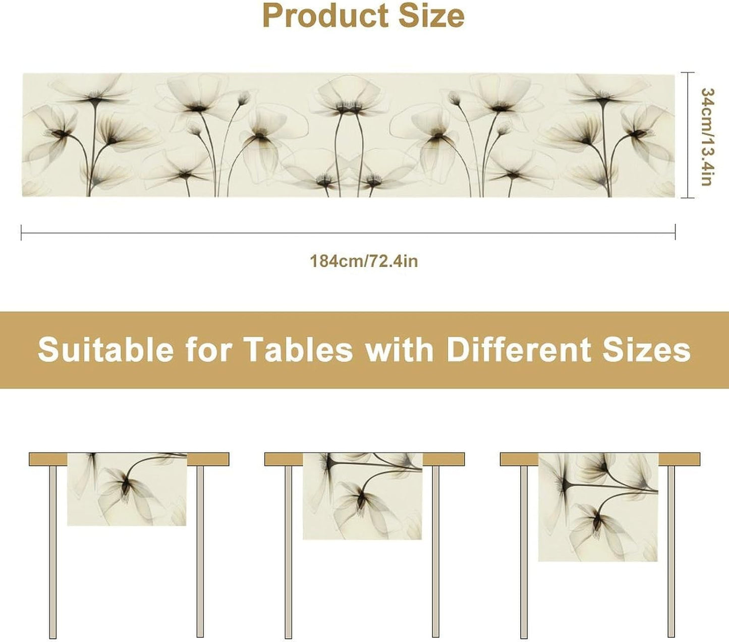 Abstract Floral Table Runner, Watercolor Transparent Beige Poppy Flowers Print Kitchen Dinning Table Runner for Indoor Outdoor Home Wedding Party Holiday, 13x108 Inch