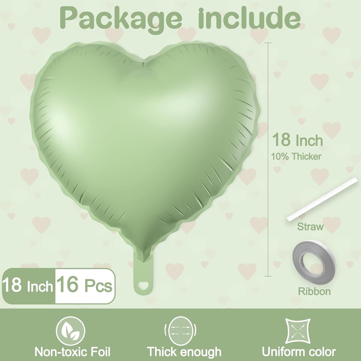 16 Pcs Heart Balloons, 18 Inch Olive Green Love Heart Shaped Foil Balloons for Wedding Anniversary Birthday Party Valentine Decorations Baby Shower Bridal Shower Engagement Decorations Supplies