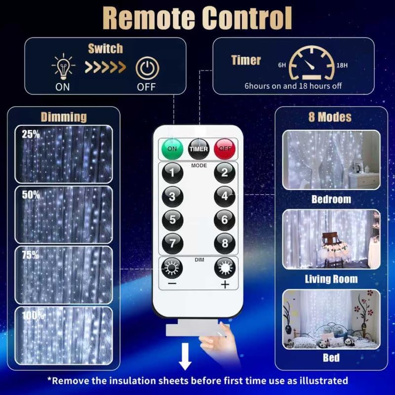 300LED Fairy Curtain Lights, 9.8x9.8Ft Warm White USB Plug in 8 Modes & Timer Christmas String Hanging Lights with Remote for Bedroom Indoor Outdoor Weddings Party Wall Decorations(White)