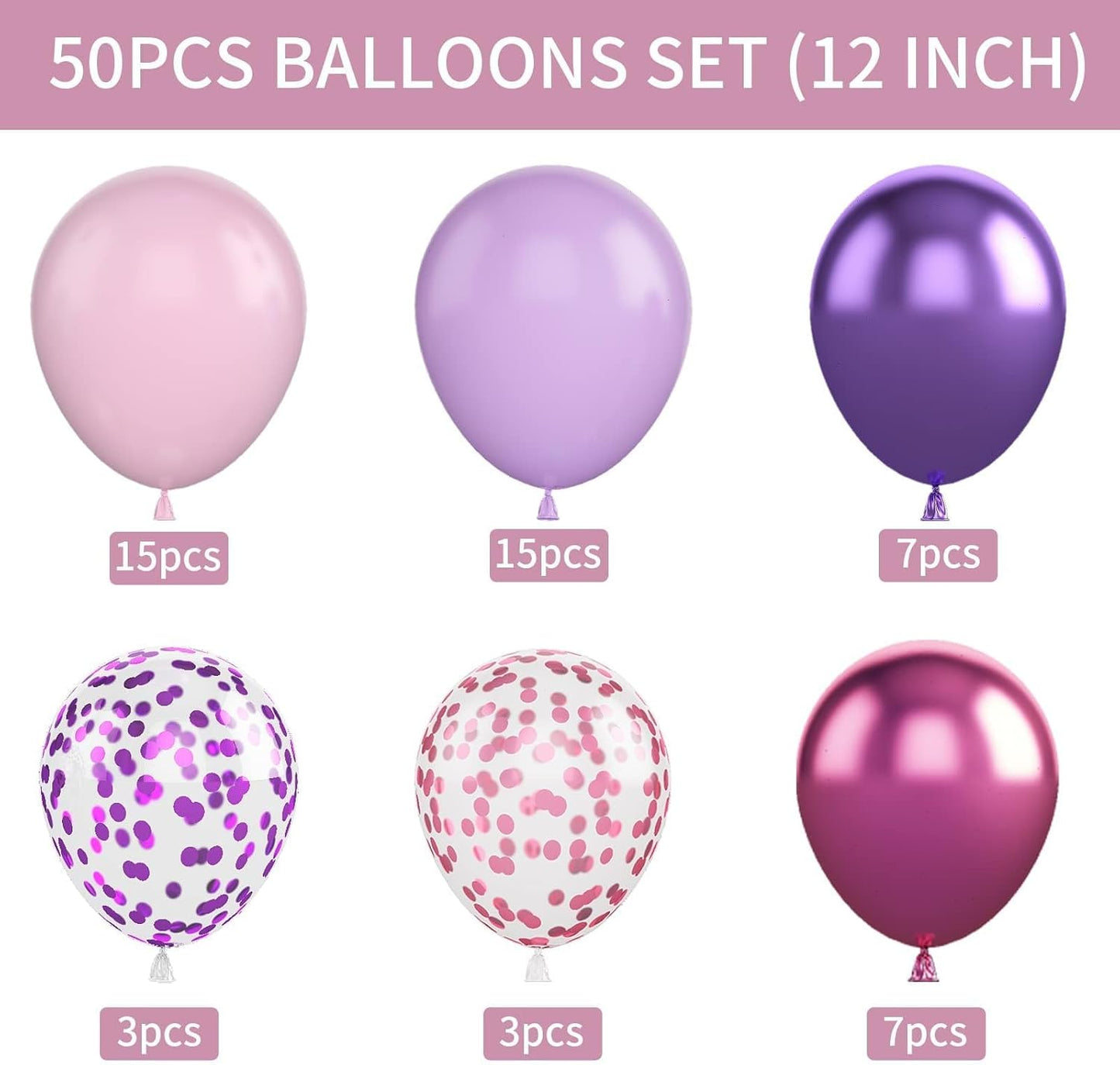 Pink and Purple Balloons, 50PCS 12 Inch Confetti Balloons, Metallic Purple Pink Latex Balloons with Ribbon, Party Balloons for Birthday Shower Wedding Party Decorations