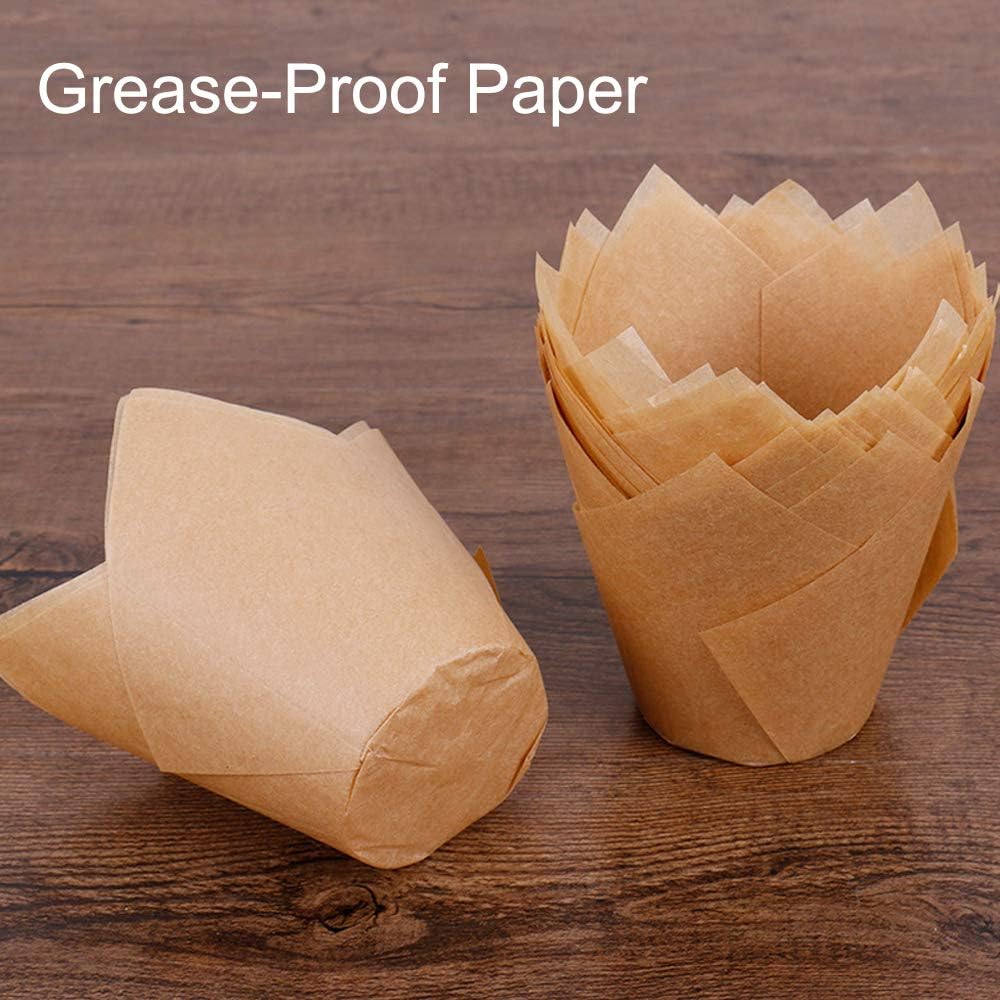 150pcs Tulip Cupcake Liners Natural Baking Cups Muffin Paper Liner Grease-Proof Wrappers for Wedding, Birthday Party, Standard Size, Natural Color