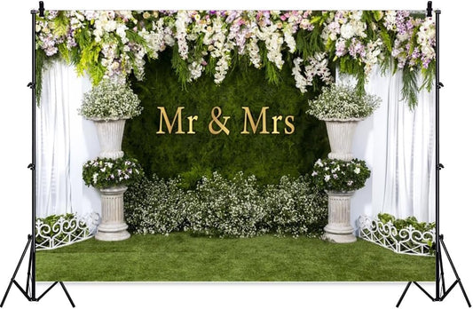 Wedding Arch Flower Backdrop 8x6ft - Flower Wedding Mr & Mrs Engagement Background