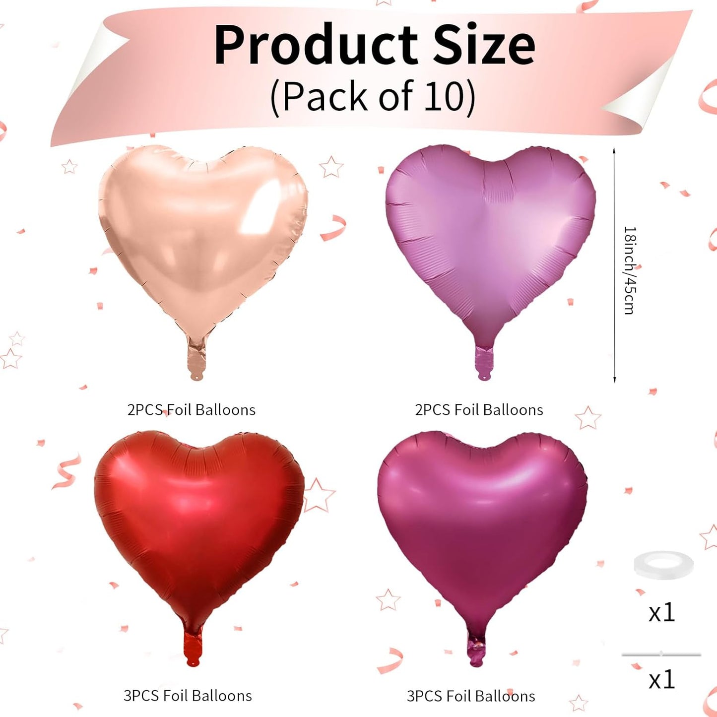 Rose Gold and Pink Heart Balloons, 18 Inch Hot Pink Heart Shape Balloons Foil, 10 Pcs Rose Gold Pink Heart Balloon for Girls Women Valentines Day Birthday Wedding Baby Shower Bridal Party Decorations