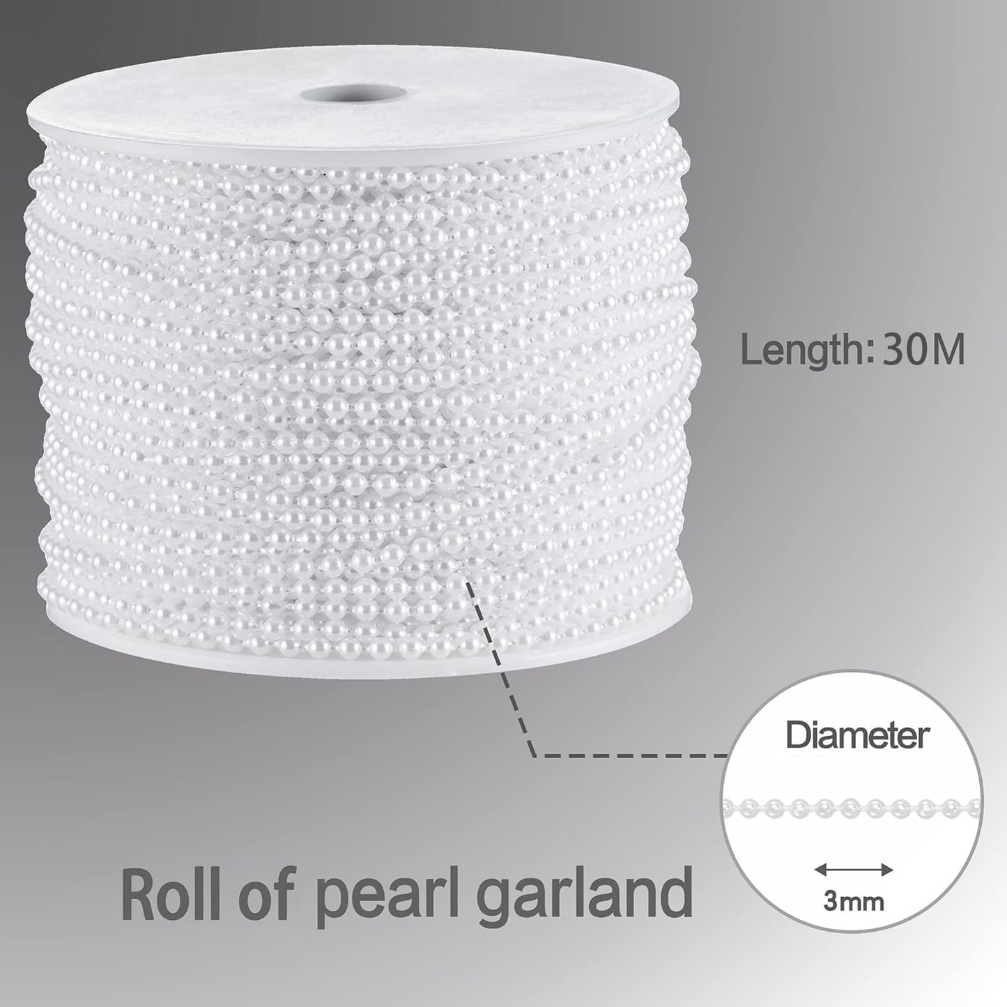 Craft String Pearls 3MM Pearl Bead, 99 Feet White Faux Pearl Garland Spool Roll Strand Wedding Party Decoration