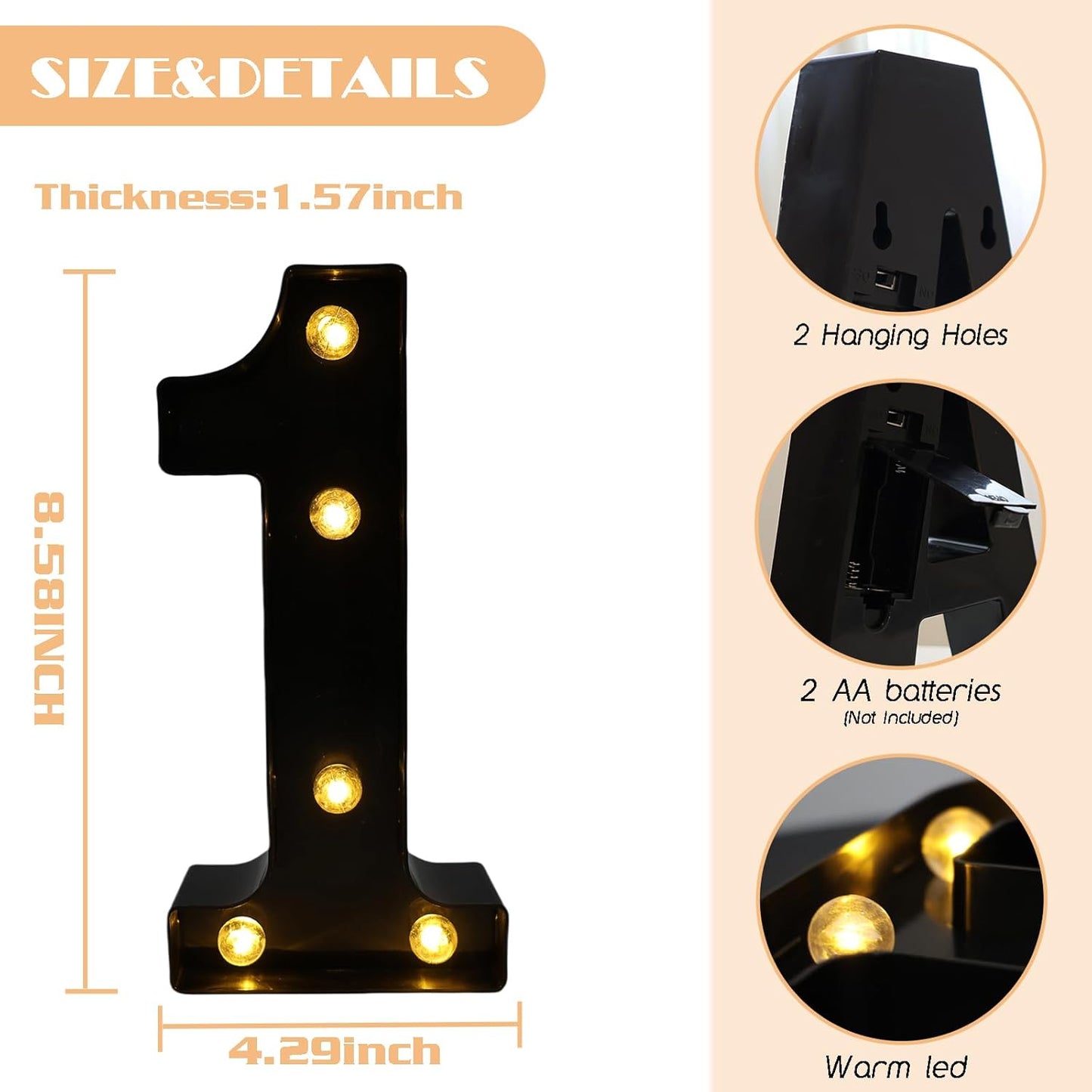 LED Marquee Numbers, 8.58 Inch Led Light Up Numbers for Party, Small Light Up Letters, Battery Powered Lighted Number for Table, Birthday, Night Light, Christmas or Home Decor (Black, Number 1)