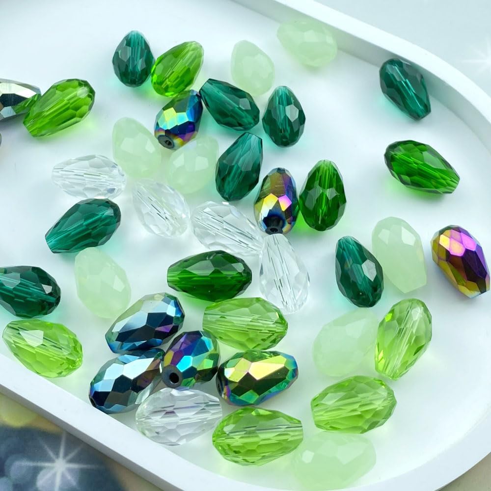 70pcs 8x12mm Teardrop Crystal Glass Beads Vertical Hole Faceted Loose Spacer Beads for DIY Craft Jewelry Making Necklace Bracelet Earring Wind Chimes(Green Series)