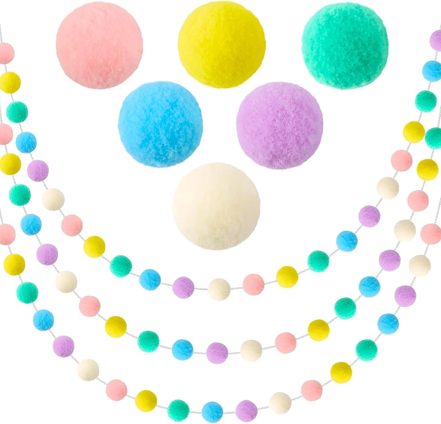 3 Pack Pom Pom Garland Colorful Felt Ball Garland Decorations, 6.5 Feet Long with 30 Balls Banner Hanging Supplies for Birthday, Parties (Rainbow Colors)