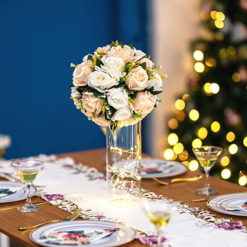 Flower Balls Wedding Rose Centerpieces: 6 Pcs Fake Flowers with Base Kissing Balls Decor Champagne &White Artificial Floral Arrangements Flower Bouquet of Roses Home Party Table DIY Decorations