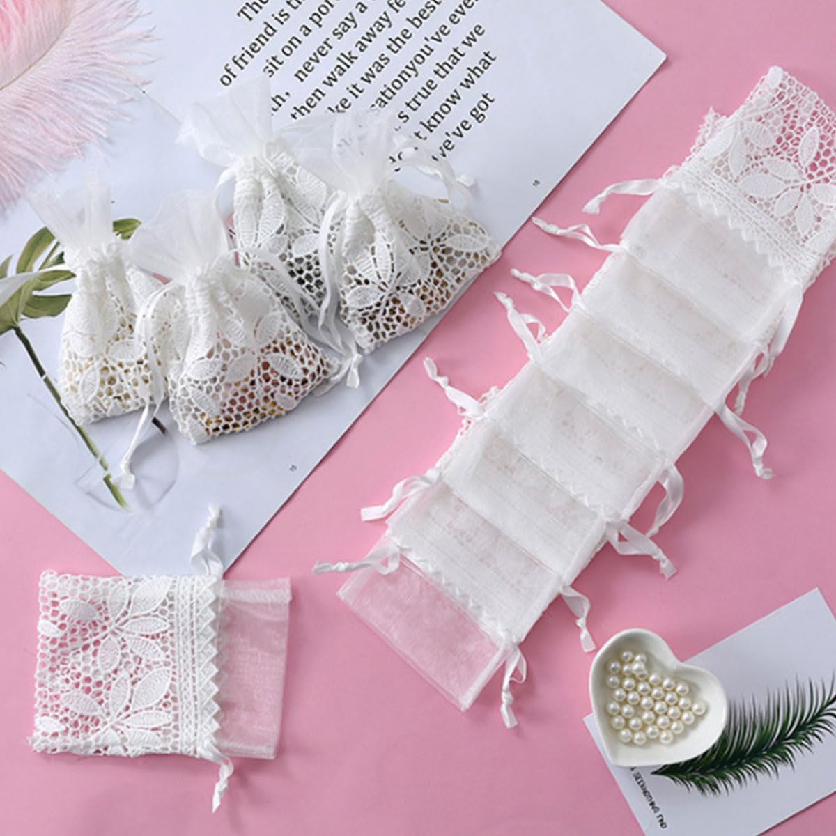 Ewanda store 8Pcs Lace Organza Drawstring Bags White Leaf Cotton Drawstring Bag for Wedding Christmas Birthday Party Favors Jewelry Pouches