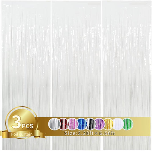 3Pcs White Metallic Tinsel Foil Fringe Curtains, 3.28ft x 6.56ft White Photo Booth Backdrop Streamer Curtain,Photo Booth Props, Bachelorette Party Supplies, Birthday, Christmas,New Year Decorations