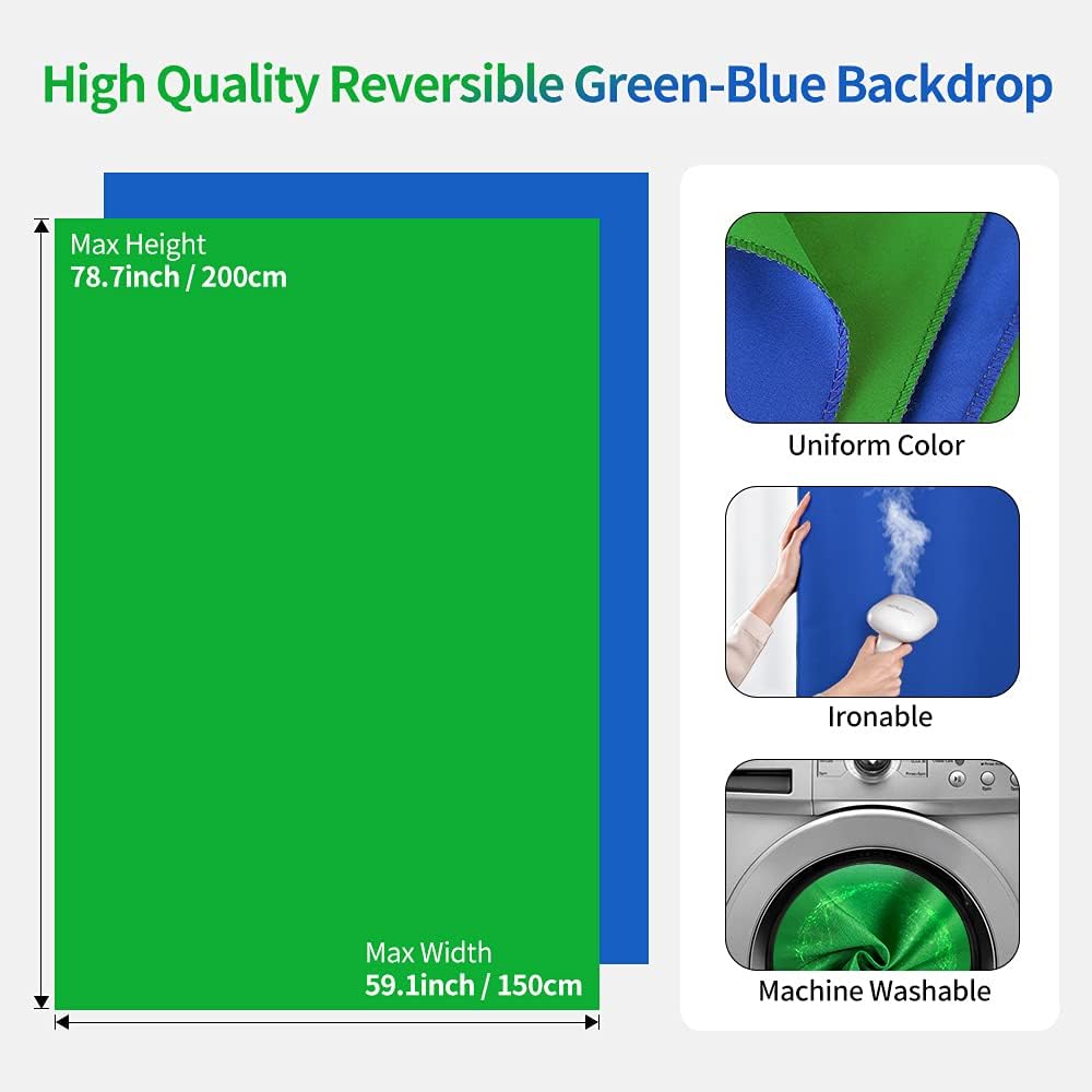 HEMMOTOP Blue Green Screen Backdrop Kit, 2in1 7x5ft(HxW) Green Screen Stand for Streaming, 6.5x5ft(HxW) 2-Sided Reversible Blue Photo Background with Backdrop Stand for Photography, Zoom