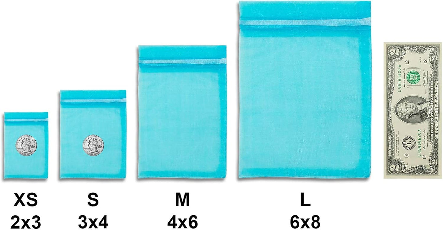 TheDisplayGuys 100-Pack XS 2" x 2 3/4" Turquoise Blue Sheer Organza Gift Bags with Drawstring, Jewelry Candy Treat Wedding Party Favors Mesh Pouch