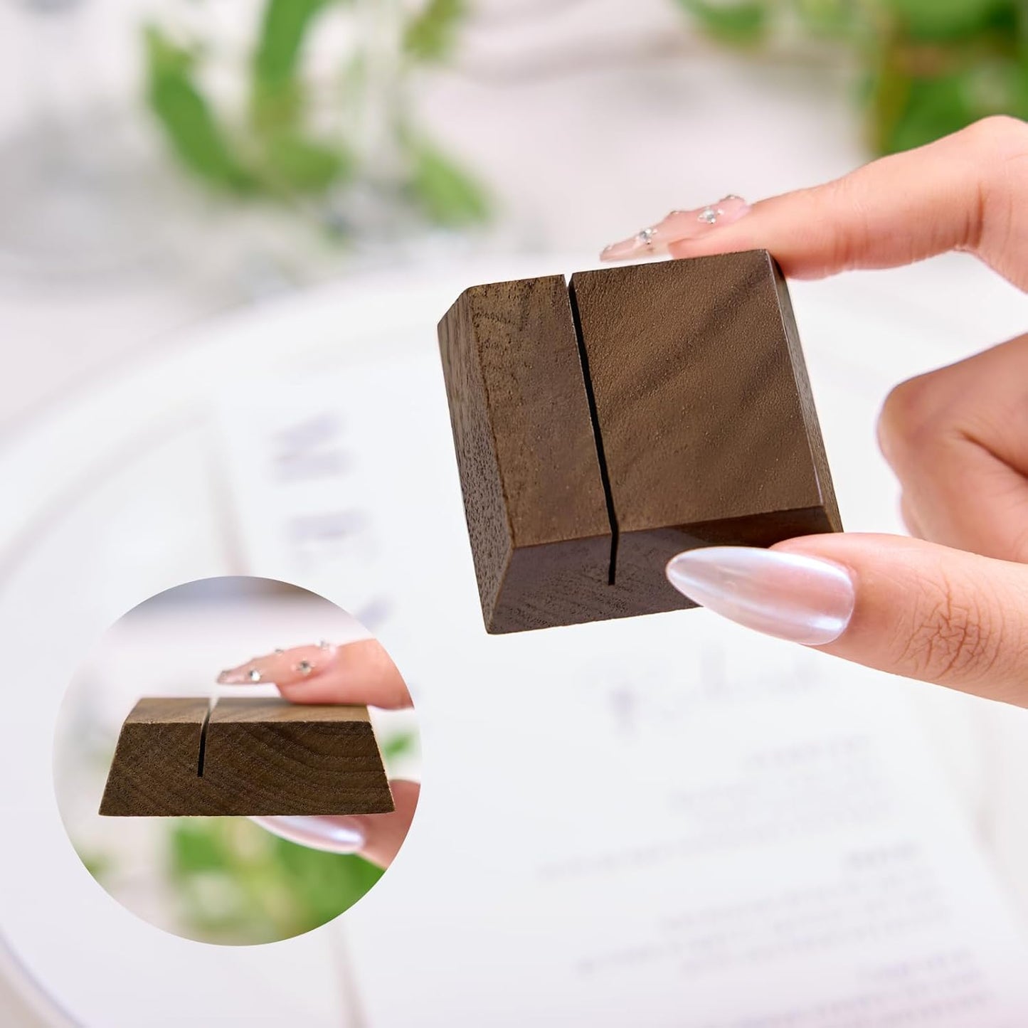 UNIQOOO 12 Pack Trapezoid Walnut Wood Stand |1.2mm Slot for Cardstock, Wedding Table Numbers Holders, Photo Holder, Photo Display Stand for Event Decor, Retail Shop, Cafe Restaurant Menu, Business Card, Name Tag