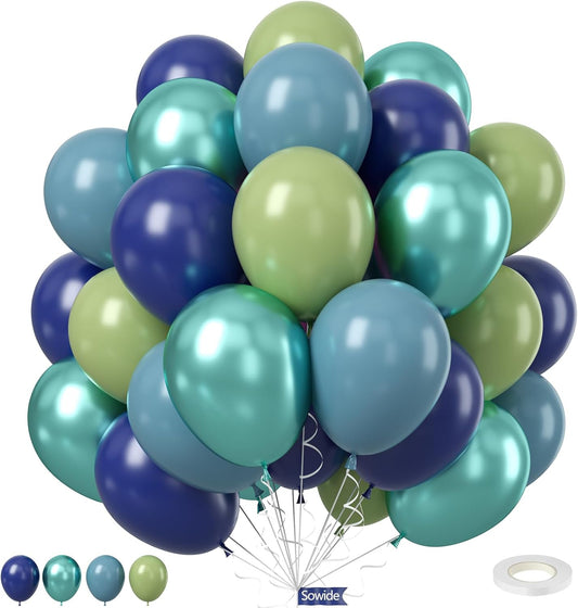 Blue and Green Balloons, 50Pcs 12 Inches Dark Green Navy Blue Metallic Dinosaur Birthday Balloons for Boys Dinosaur Birthday Party Hunting Baby Shower Wedding Graduation Decorations