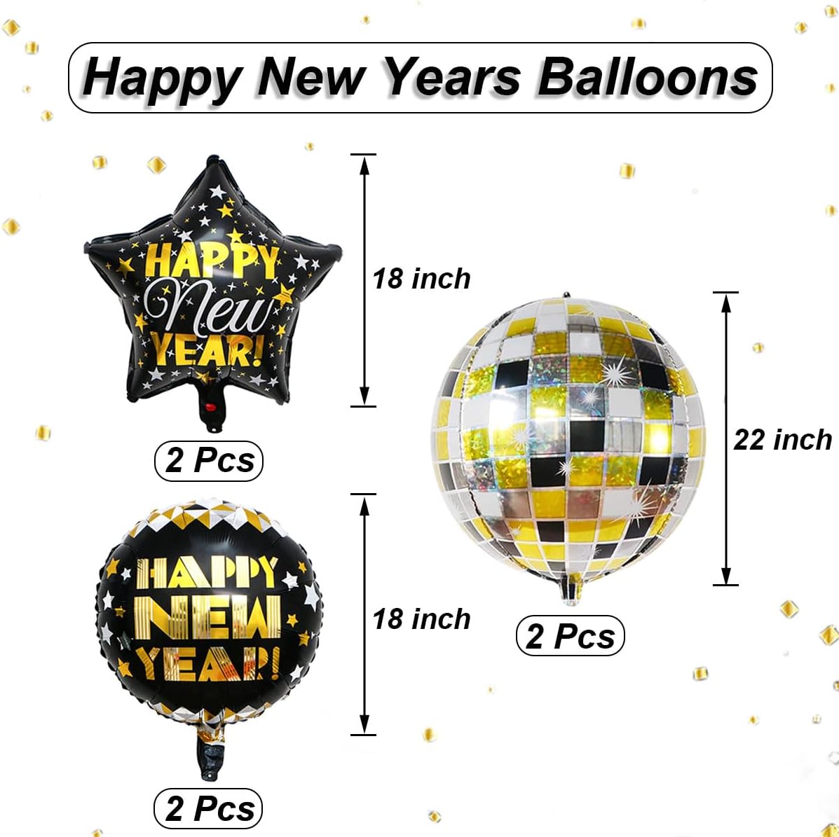 Happy New Year Balloons, 8pcs (2x22" Disco, 2x18" Round, 2x18" Star) - Black & Gold, Reusable, Self-Sealing Foil Balloons for New Year Party Decorations, Adults & Unisex