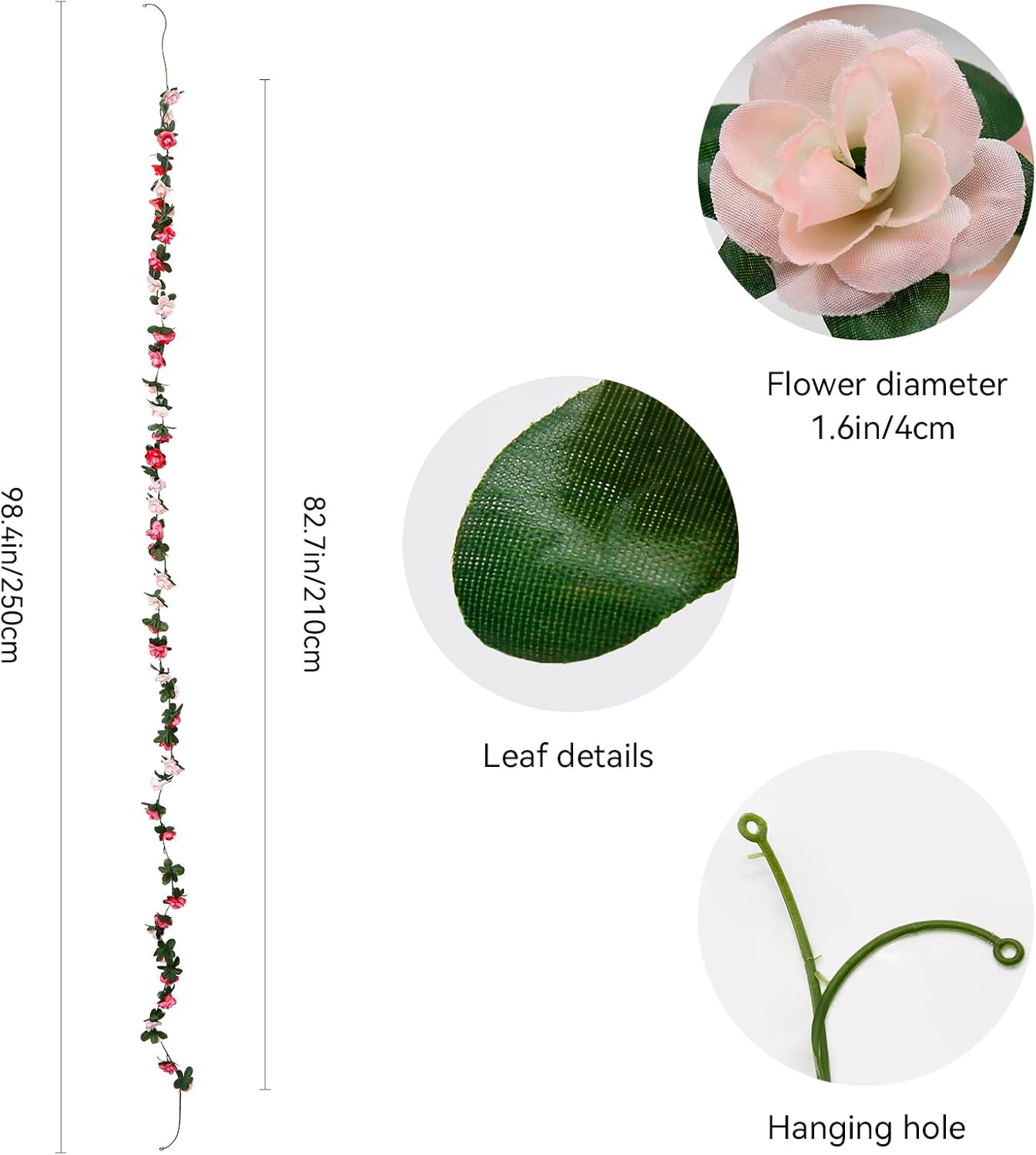 12 PCS 98.4 FT Artificial Flower Garland Pink Rose Garland for Wedding Room Decor（12,Pink）