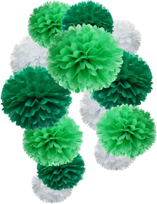 Mowo Green Paper Flower Tissue Pom Poms - Party Supplies (Dark, Light Green, White, 12pc)