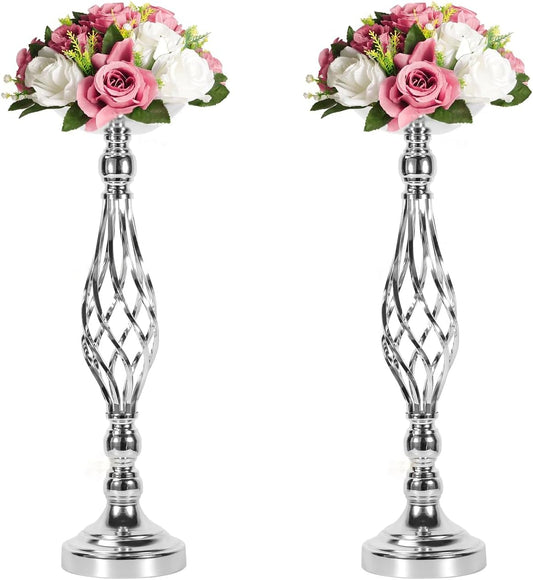 LANLONG 2pcs Metal Silver Candle Holders Road Lead Table Centerpiece Stand Pillar Candlestick for Wedding Candelabra Flowers Vases