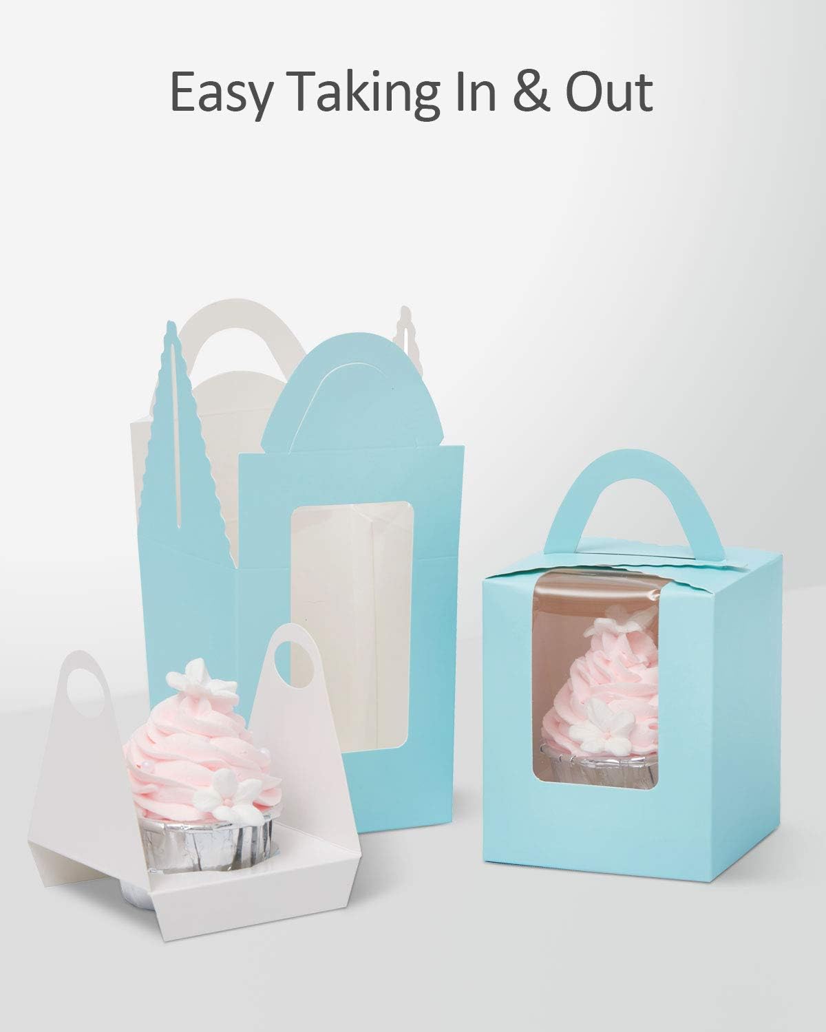 qiqee Light Blue Cupcake Boxes Individual Cupcake Holders Disposable 50pcs Single Cupcake Boxes with Window 3.6 * 3.6 * 4.3inch Cupcake Containers