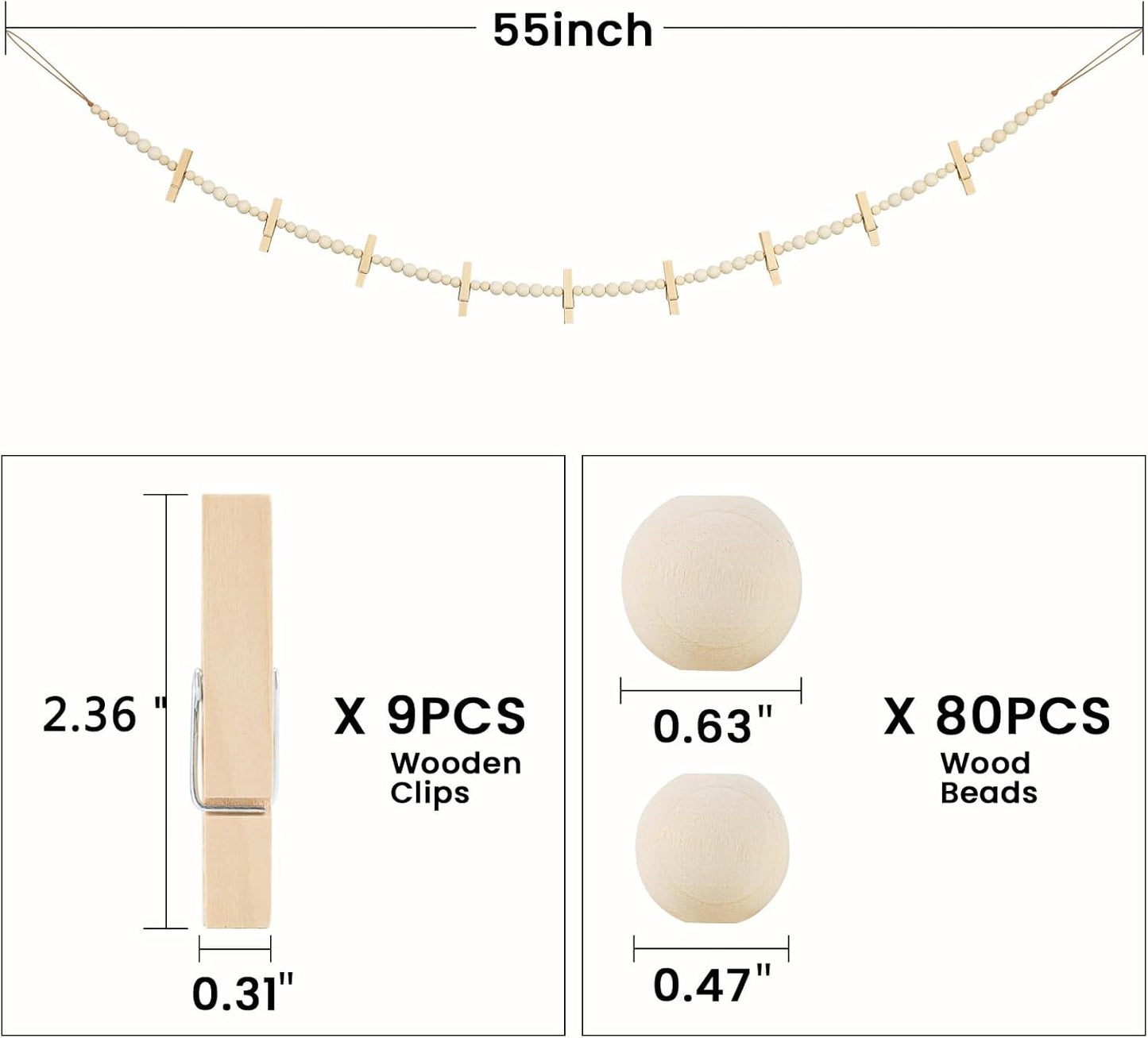 Hanging Photo Display Wall Decor, 3PCS Boho Wooden Bead Garland Collage Picture Frame with 9 Wood Clips for Bedroom, Living Room, Office, Dorm Decor, Photos Holder Teen Girl Gifts