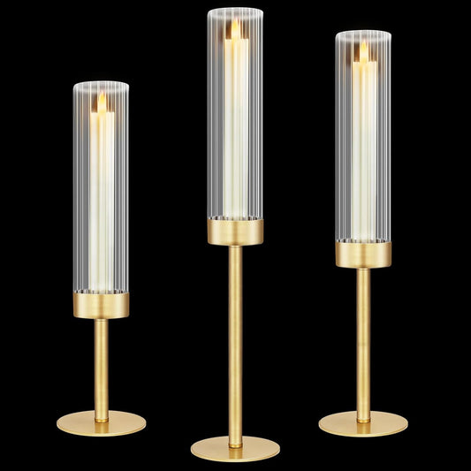 Glass Hurricane Candlestick Holders Gold, KSWING Set of 3 Taper Candle Holders Brass Tall Clear Candle Stand Holders, Perfect for Table Centerpiece Party Wedding Christmas Home Decor