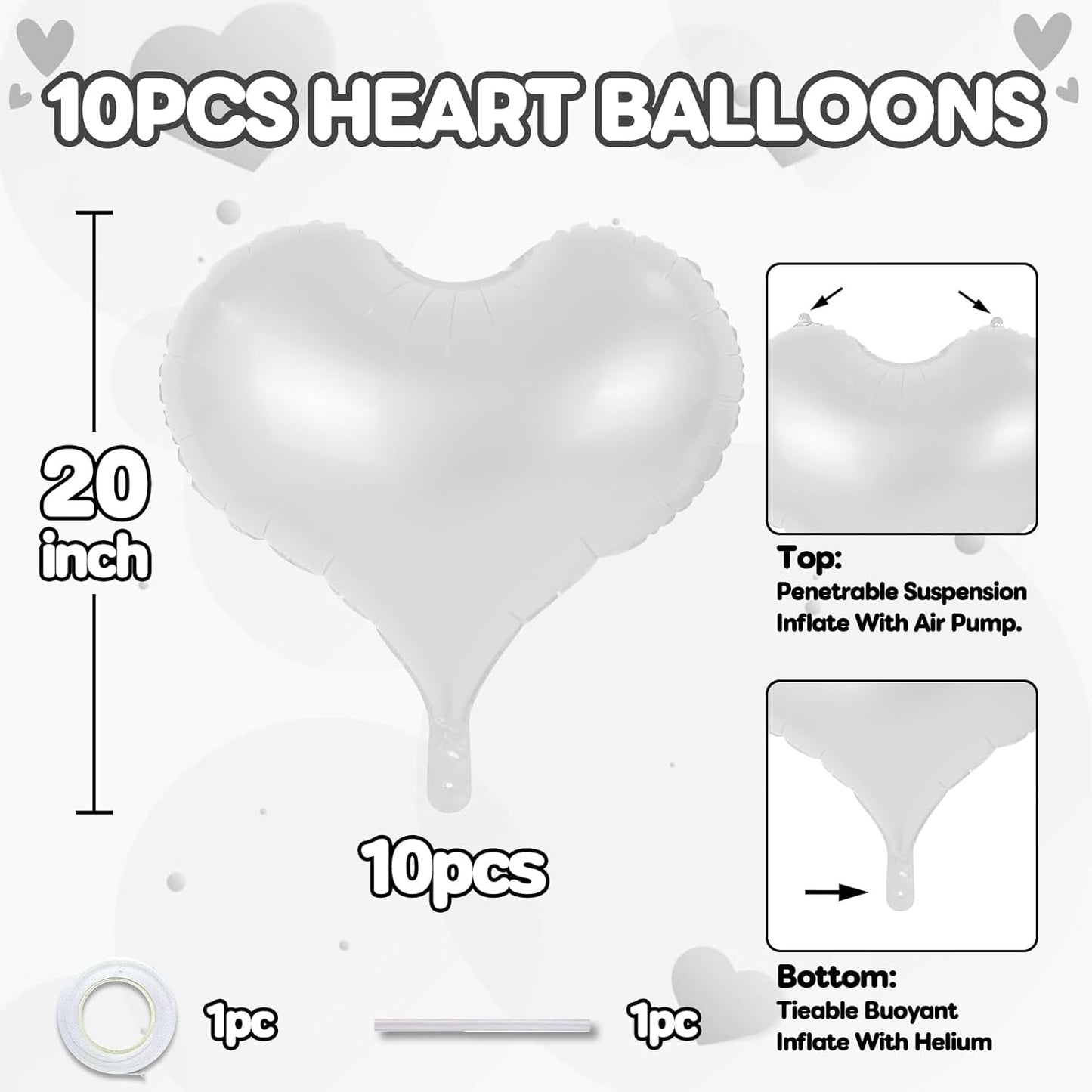 20 Inch White Heart Balloons, 10 Pcs White Heart Shaped Foil Balloons, Wedding Love Helium Balloon for Valentine Bridal Shower Anniversary Bachelorette Birthday Party Decorations