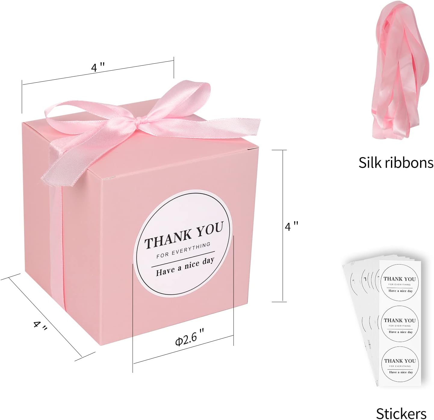 COTOPHER Small Gift Boxes 60 Pack 4x4x4 inches Pink Gift Boxes with Lids for Gifts, Crafting, Wedding Party Favor, Cupcake Boxes, Candy, Bridesmaids Proposal Box with Ribbons and Stickers (Pink, 60