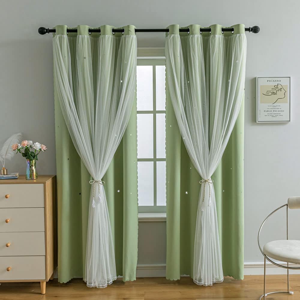 FANLI 2 Panels Star Blackout Curtains for Kid Girls Bedroom Living Room Darking Stripe Double Layer Star Cut Out Wall Home Decor Gradient Grommet Window Curtains (Green 95L)