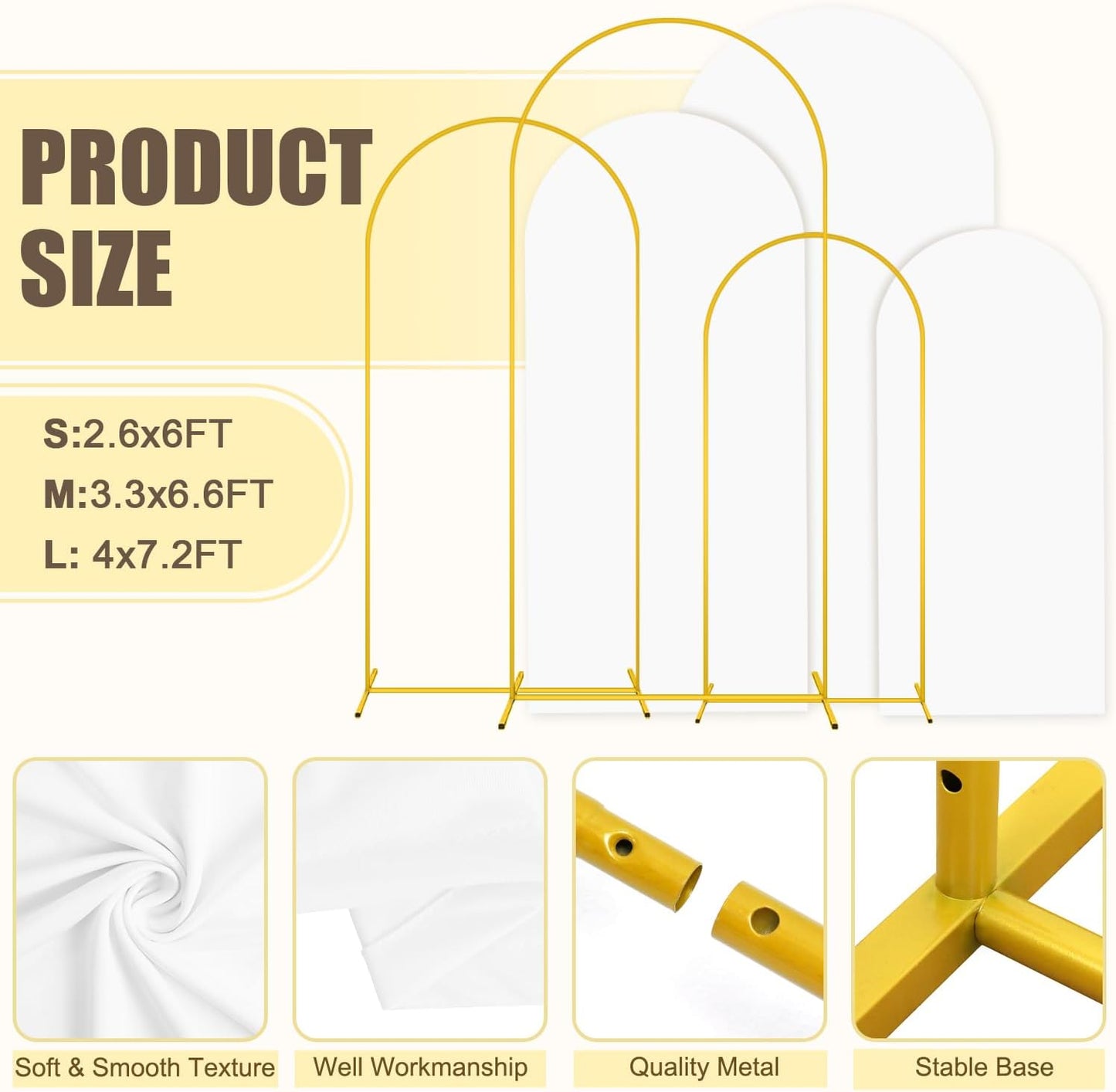 MODFUNS Arch Backdrop Stand with Cover 6&6.6&7.2ft Gold Wedding Arch Stand Set of 3 White Arch Backdrop Covers Backdrops Stand for Party Birthday Banquet Wedding Arched Frame
