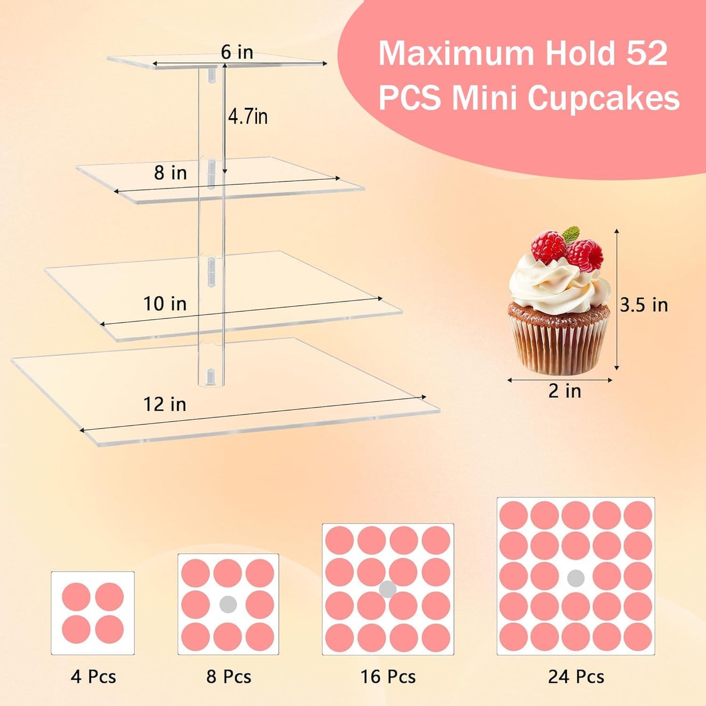 YestBuy 4 Tier Acrylic Cupcake Stand, Premium Cupcake Holder, Acrylic Cupcake Tower Display Cady Bar Party Décor â Display for Pastry(4.7" Between 2 Layers)