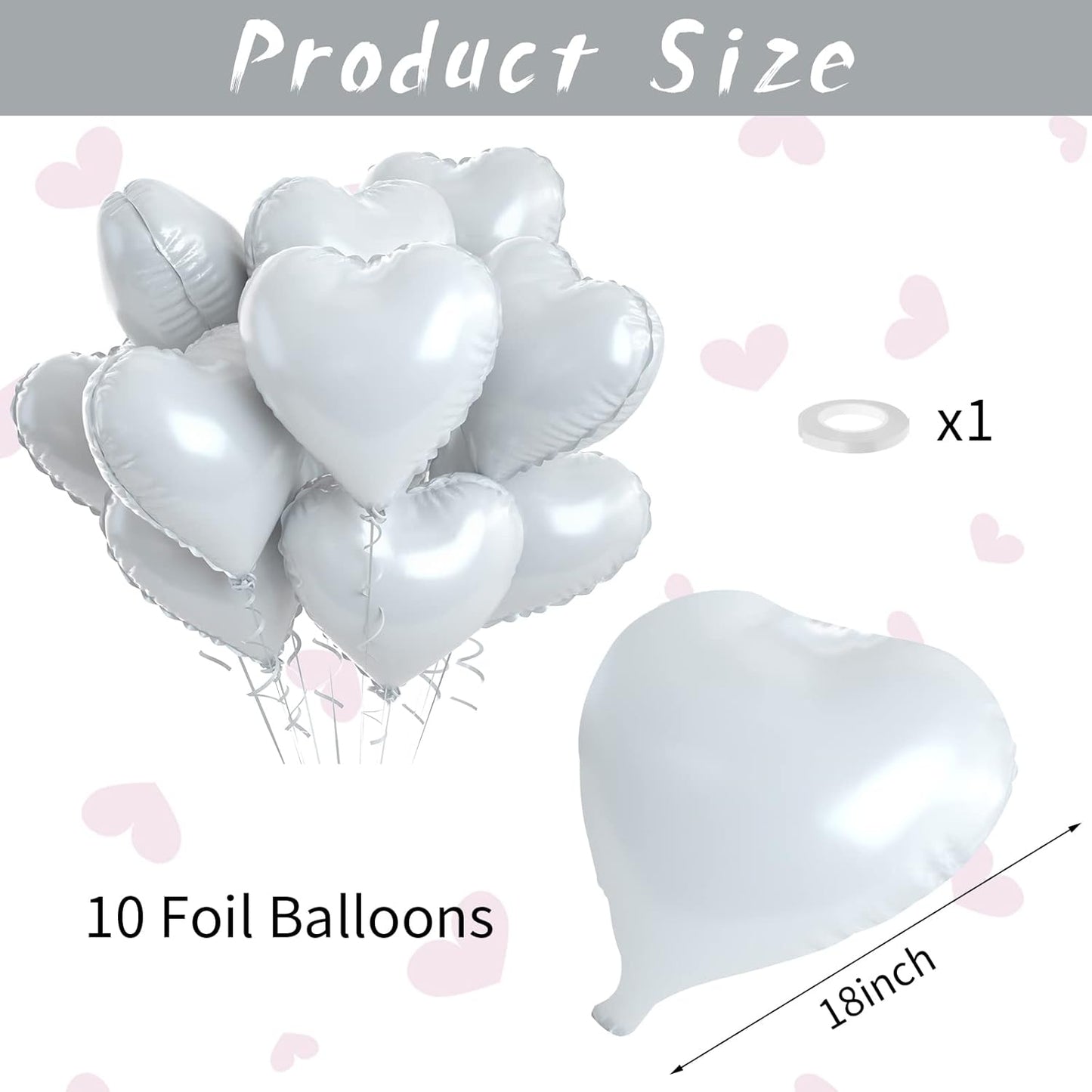 Grey White Heart Foil Heart Shaped Balloons, 10PCS White Foil Heart Balloons Valentines 18inch White Love Foil Balloons for Helium Valentine Decorations for White Wedding, Brithday Party, Anniversary