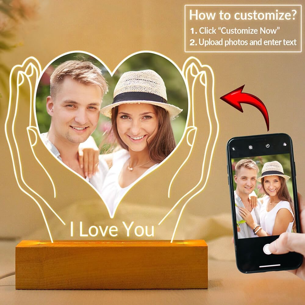 Custom Picture Frames with Photo, Personalized Photo Frames with Night Light, Customized Picture Photo Frame, Personalized Anniversary Couple Gifts for Women Men Her Him