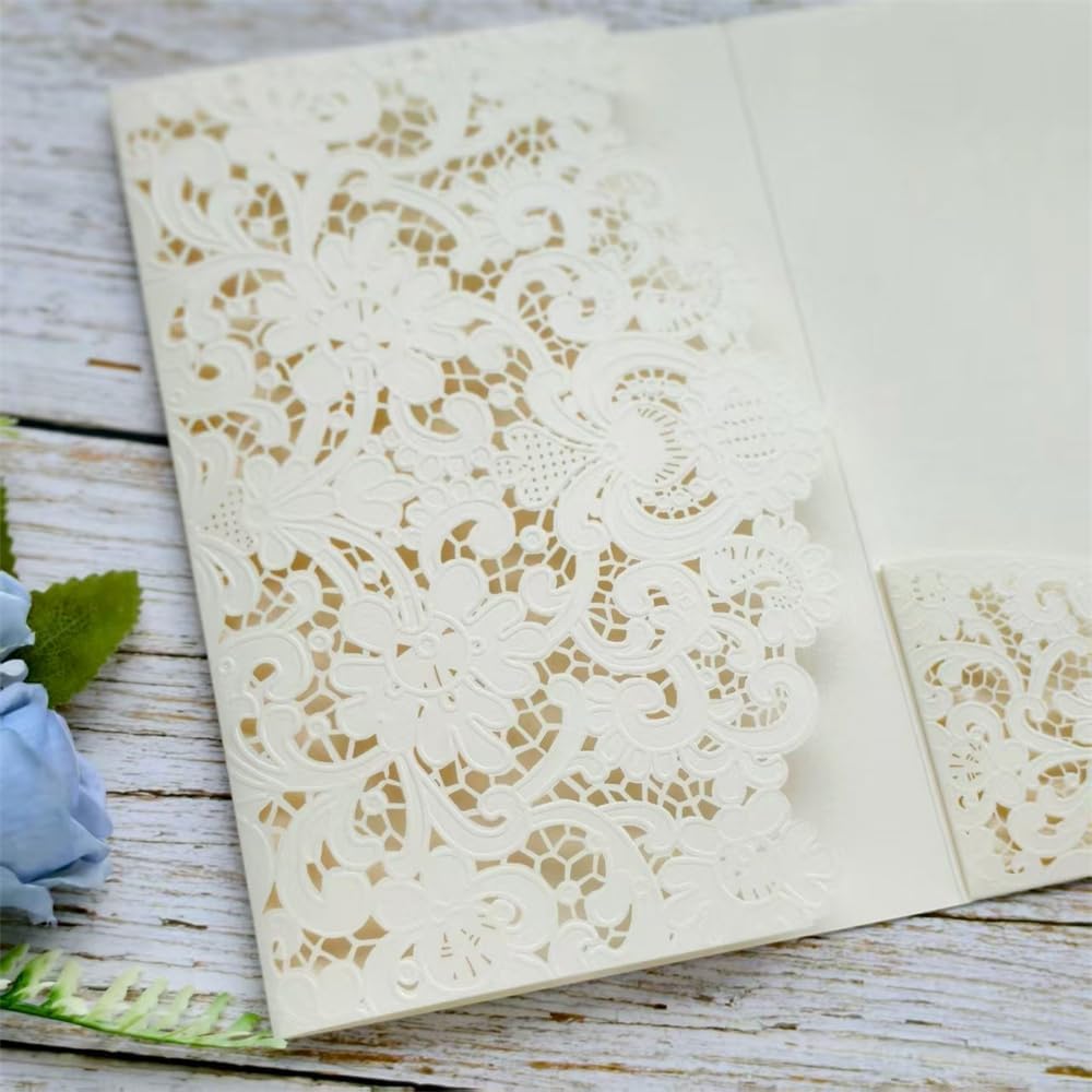 MillaSaw Ivory Embossed Laser Cut Invitation Pocket Envelope, Floral Engraved Invitation Sleeve, for Anniversary Bridal Shower Quinceañera Birthday Party (ivory)