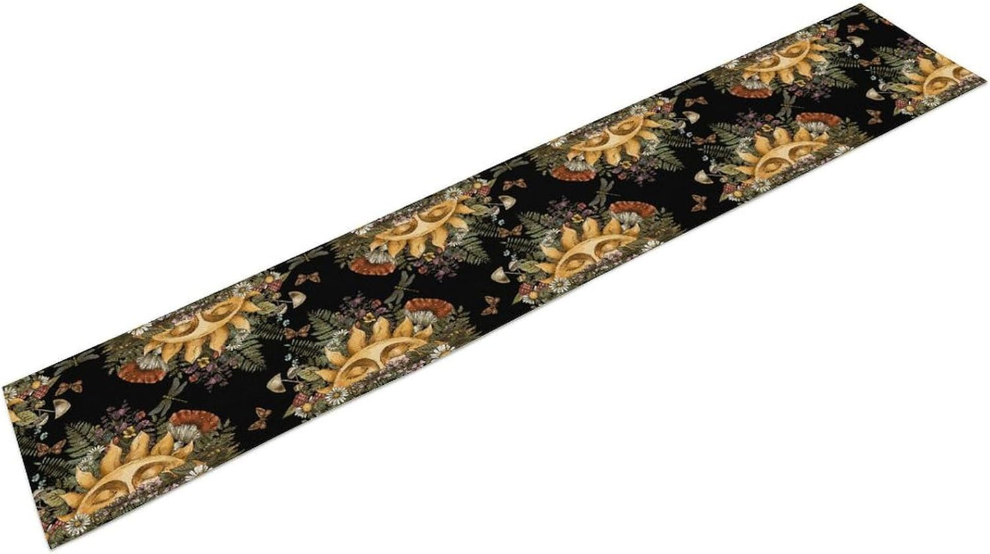 Sun Moon Table Runner, Bohomian Mushroom Daisy Table Gothic Dragonly Butterfly Table Center Decor Table Runner for Indoor Outdoor Party Kitchen Dinner Black, 13x90 Inch