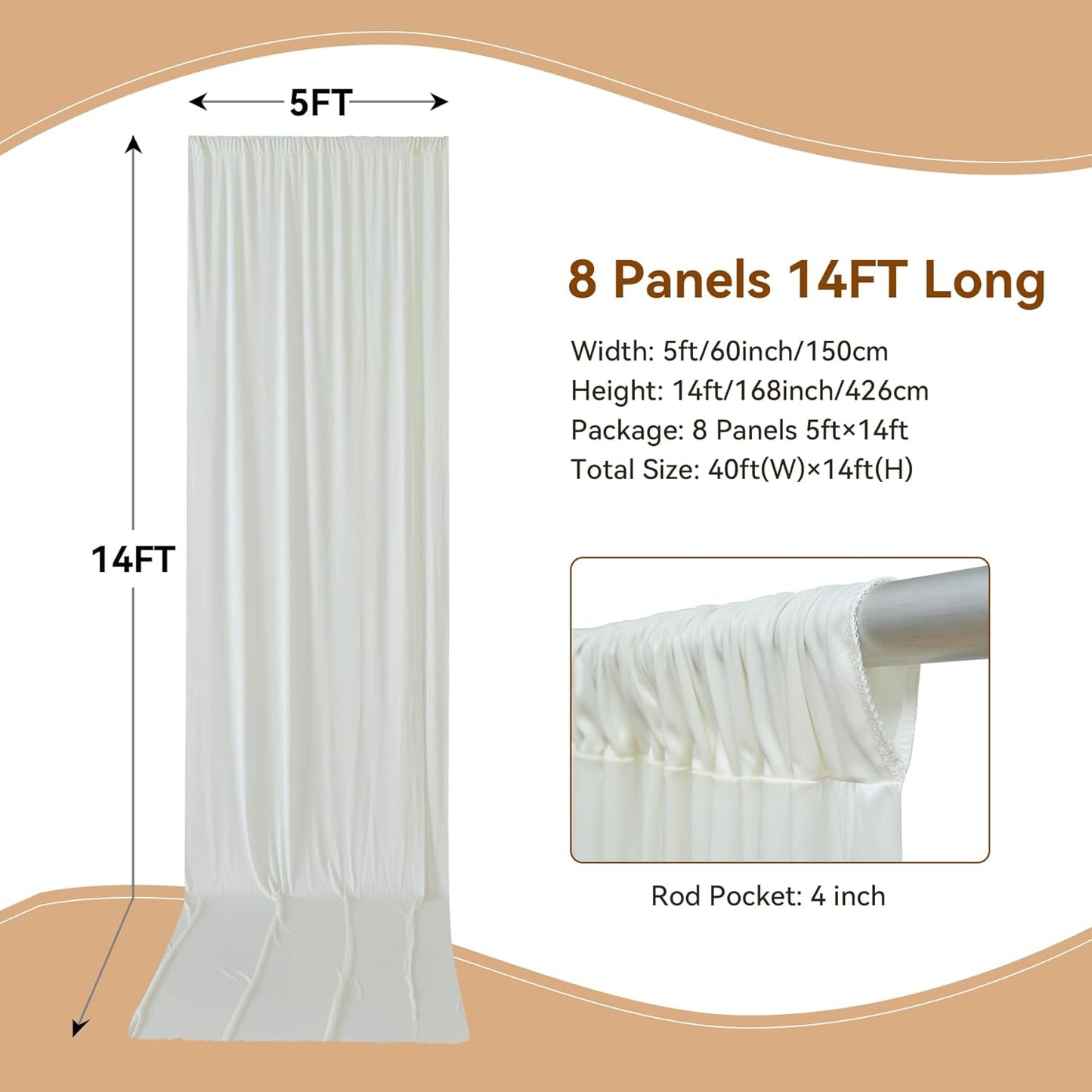 40×14ft Wrinkle Free Ivory Backdrop Curtain, Soft Silky Easy to Drape Cream Wedding Drapes for Backdrop, 8 Panels 5×14ft Photo Backdrop Curtains for Parties Birthday Photography Background Cloth