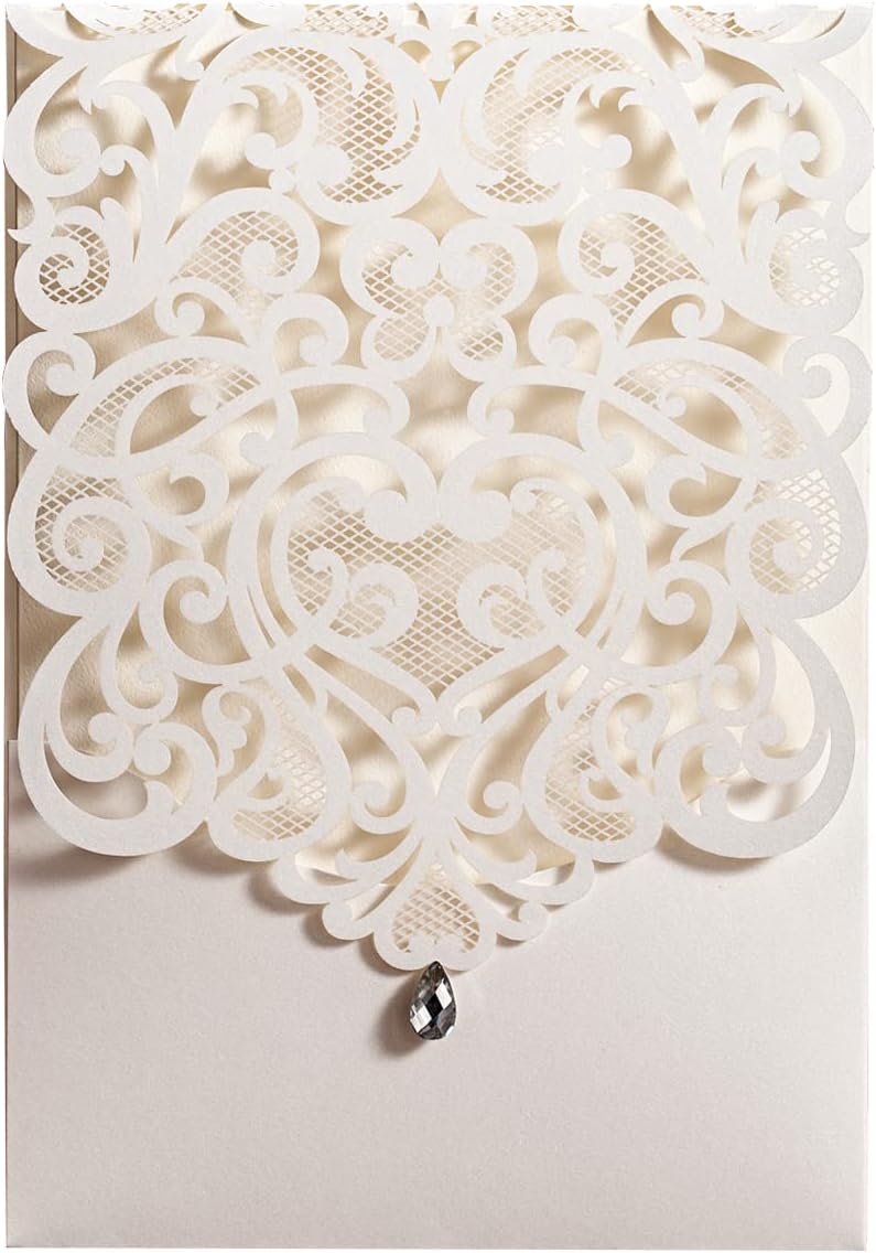 Hosmsua 50PCS Personalized Wedding Invitations Kit 5.12 x 7.3 Laser Cut Hollow Rose Rhinestone Pocket with Envelope for Wedding Quinceanera Invite (White Ivory)