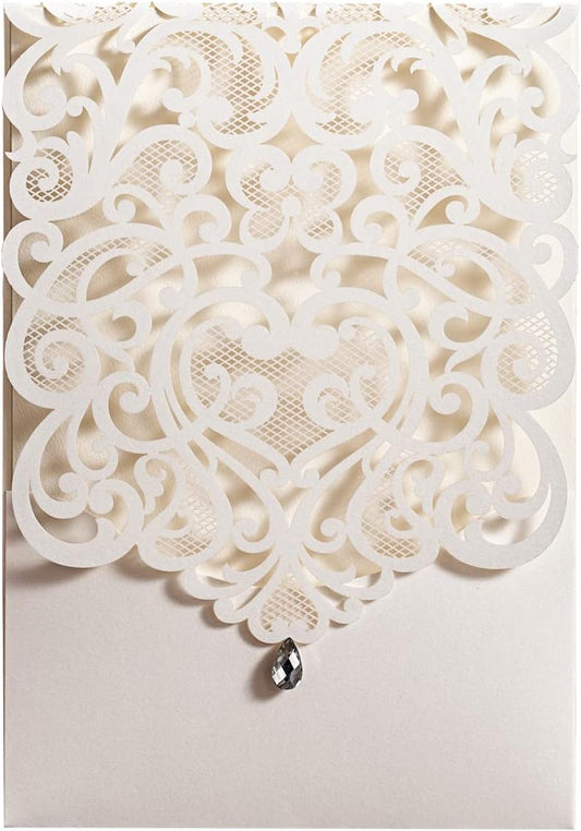 Hosmsua 50PCS White Wedding Invitations Kit 5 x 7.3 Inch Laser Cut Hollow Rose Rhinestone Pocket with Envelope for Quinceanera Bridal Shower Invite (White Ivory)
