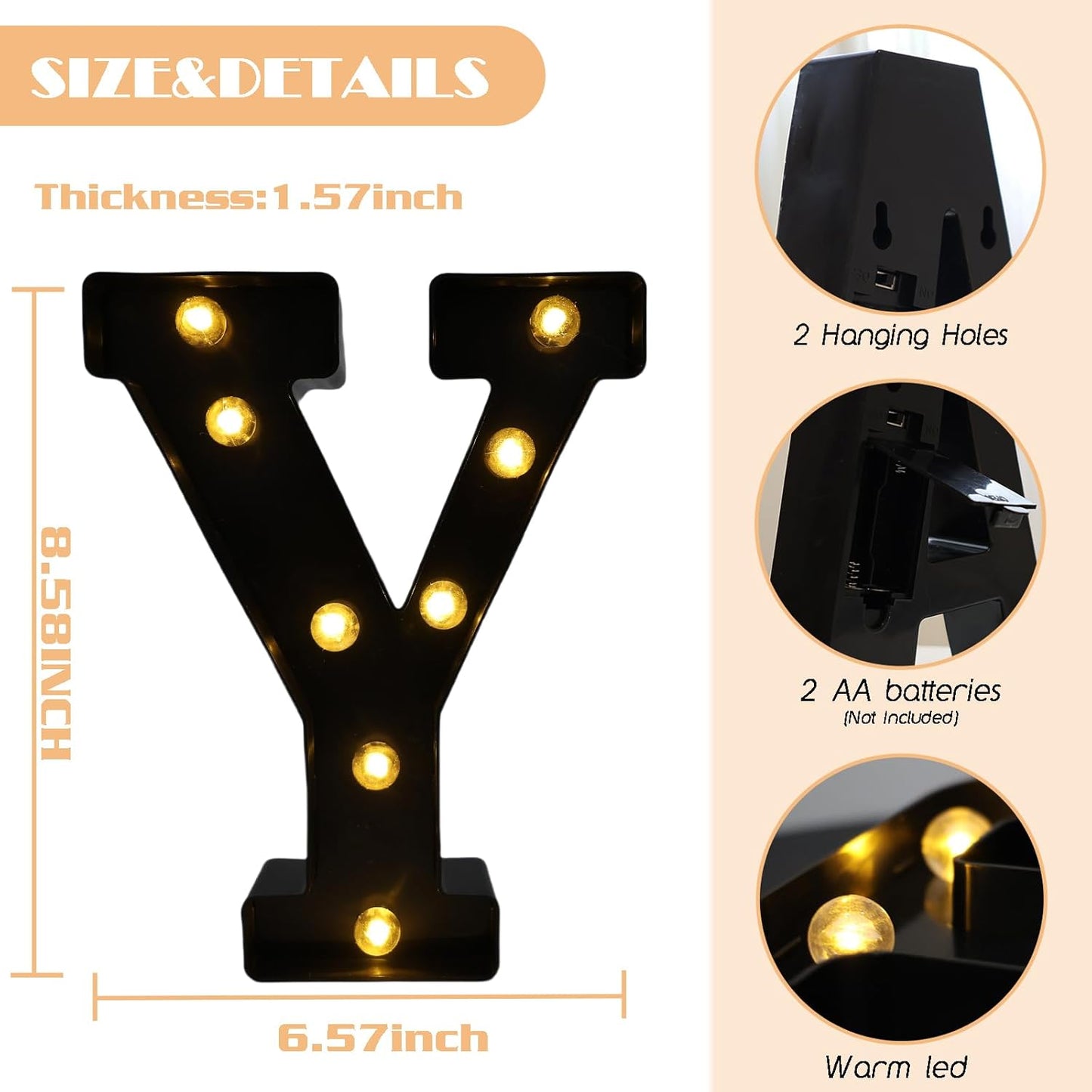 Led Marquee Letters, 8.58 Inch Black Light Up Letters, Small Led Letter Lights, Battery Powered Lighted Letterfor Table, Party, Birthday, Christmas Decor (Black, Letter Y)