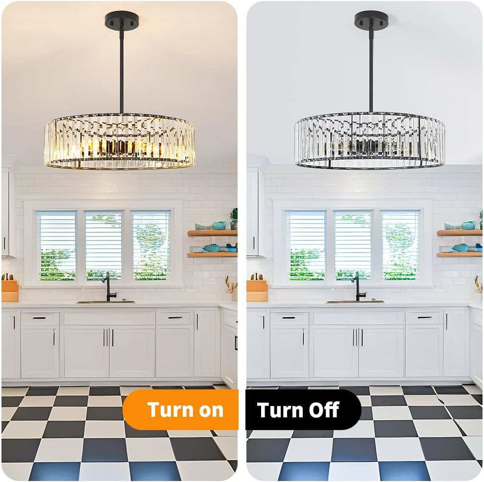 Modern Crystal Chandelier, 6-light Dinning Room Light Fixture, Round Pendant Light Kitchen Island, Black Hallway Light Fixture, Semi Flush Mount Ceiling for Living Room Entryway Bedroom Foyer, E26