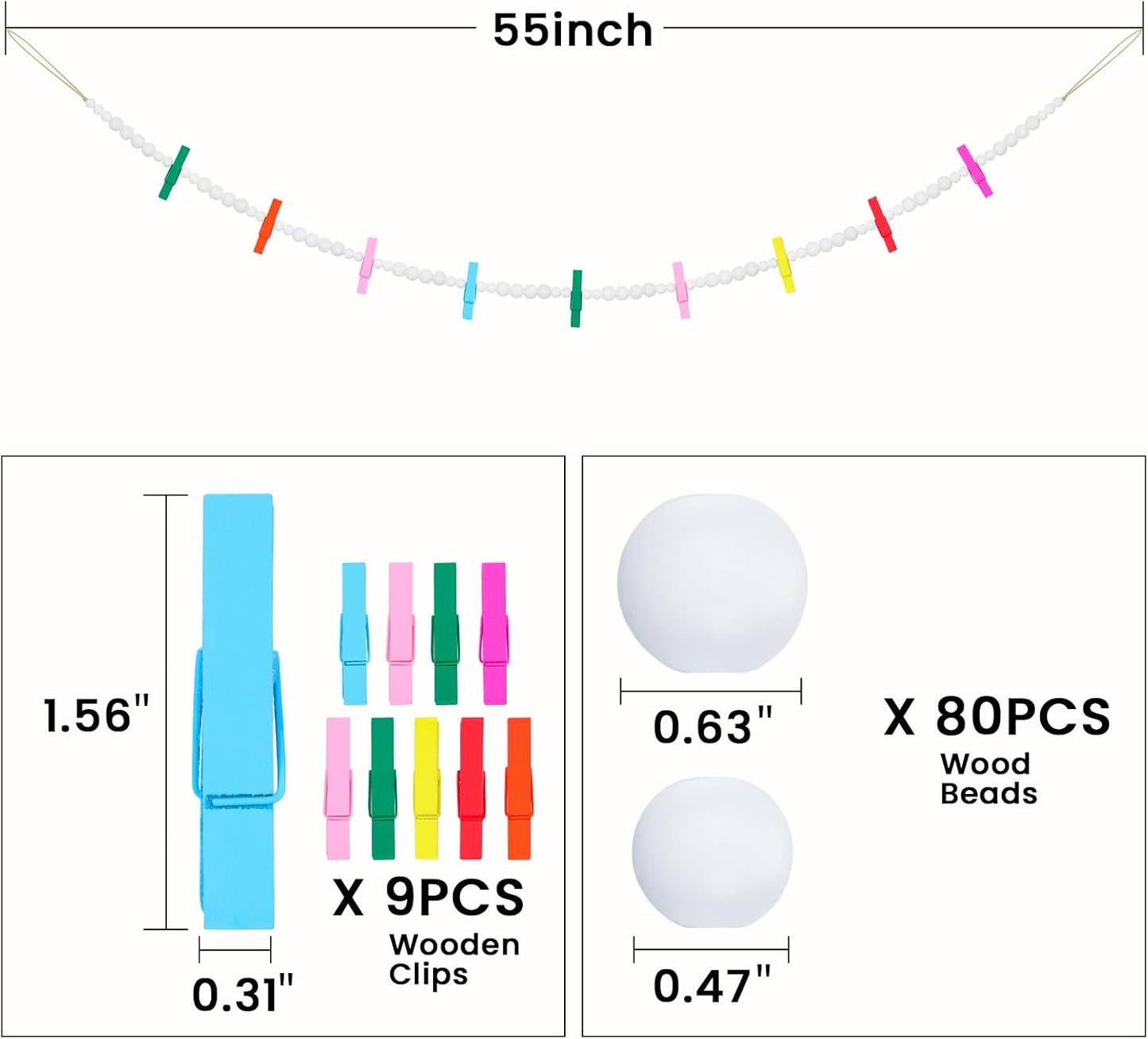 Hanging Photo Display Wall Decor, 2PCS Boho Wooden Bead Garland Collage Picture Frame with 9 Different Random Colors Wood Clips for Boho Bedroom, Living Room, Office, Dorm Decor