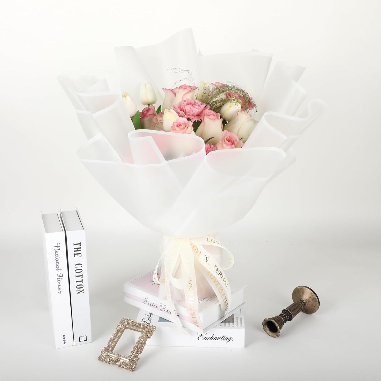 NESCCI 200 Sheets Flower Wrapping Paper - Waterproof Florist Bouquet Paper,70Ft Satin Ribbon, 36 Pcs 3D Butterflies 100 PCS Flower Pins for Wedding Birthday Gift DIY(Translucent Multicolored)