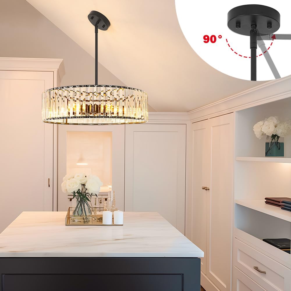 Modern Crystal Chandelier, 6-light Dinning Room Light Fixture, Round Pendant Light Kitchen Island, Black Hallway Light Fixture, Semi Flush Mount Ceiling for Living Room Entryway Bedroom Foyer, E26