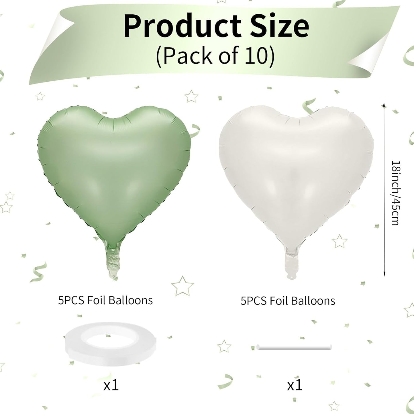 Sage Green White Heart Balloons, 10PCS Green Beige Foil Heart Balloons, 18inch Olive Green Cream White Heart Shape Balloons for Neutral Jungle Birthday Baby Shower Valentines Wedding Party Decorations