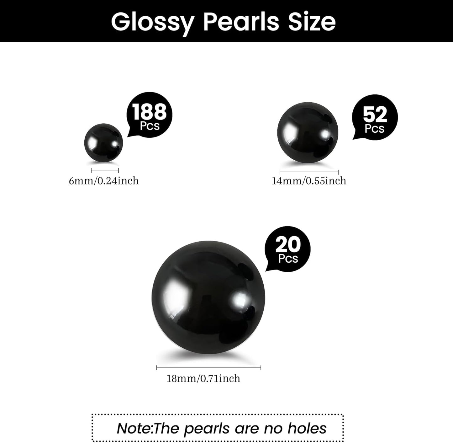 260Pcs Black Glossy Beads - 6mm, 14mm, 18mm Round Plastic Pearl Beads for Centerpiece Decor, Wedding, Birthday, Christmas Party, Home Decor