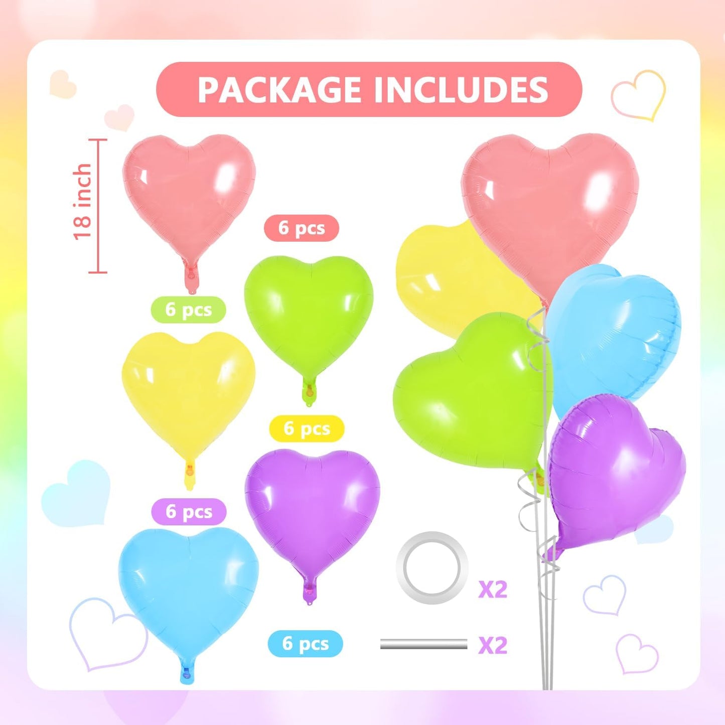 TONIFUL 30Pcs 18 Inch Pastel Colorful Heart Balloons Rainbow Heart Shape Foil Mylar Balloons Decoration for Birthday Valentine's Day Wedding Bridal Shower Anniversary Engagement Party Supplies
