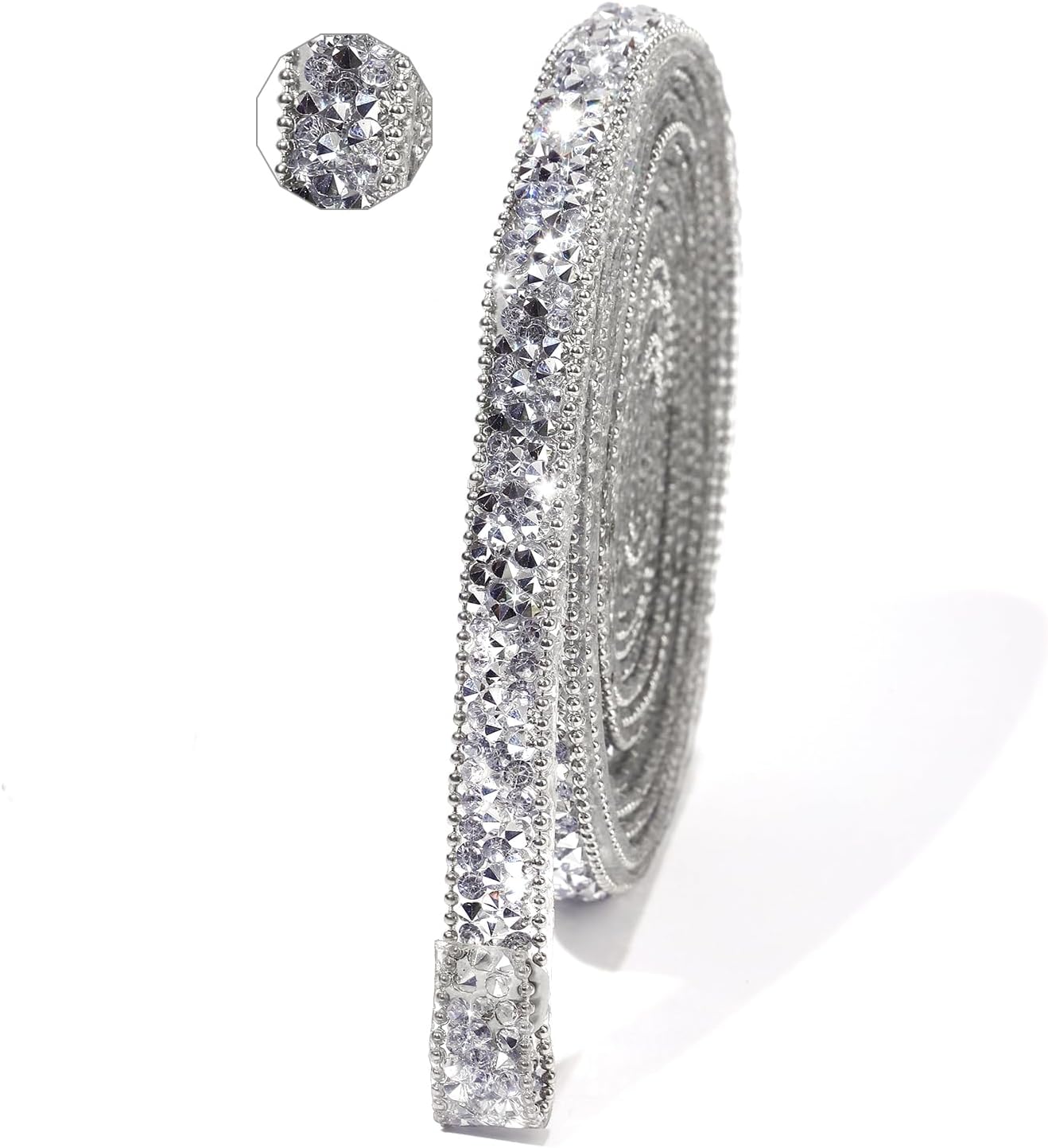 Rhinestone Ribbon 3 Yards Self Adhesive Rhinestone Strips Diamond Ribbon Sticker Crystal Roll Glitter Bling Rhinestones Tape for Crafting DIY Art Decoration (Silver,0.4 Inch)